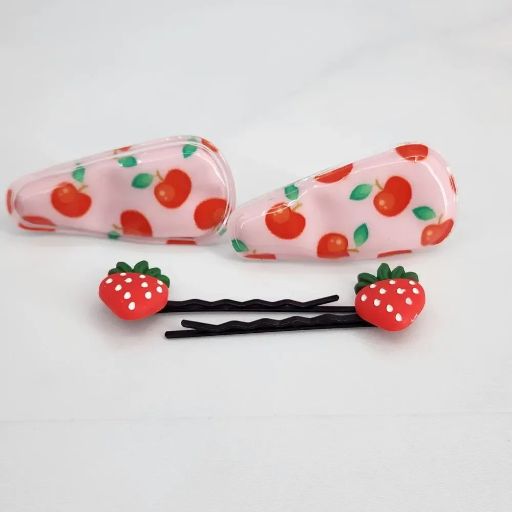 4 pc Fruit Hair Accessories 2 Strawberry bobby pins 2 Cherry snap barrette clips
